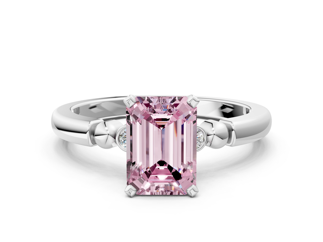 White gold Fancy Pink Emerald  Solitaire Beaded Band with Four-Prong Setting_28