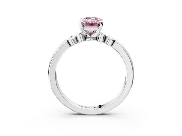 Platinum Fancy Pink Emerald  Solitaire Beaded Band with Four-Prong Setting