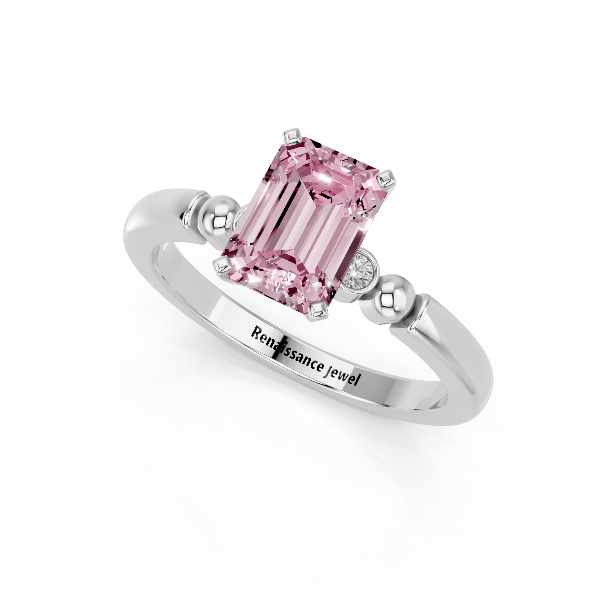 White gold Fancy Pink Emerald  Solitaire Beaded Band with Four-Prong Setting_3
