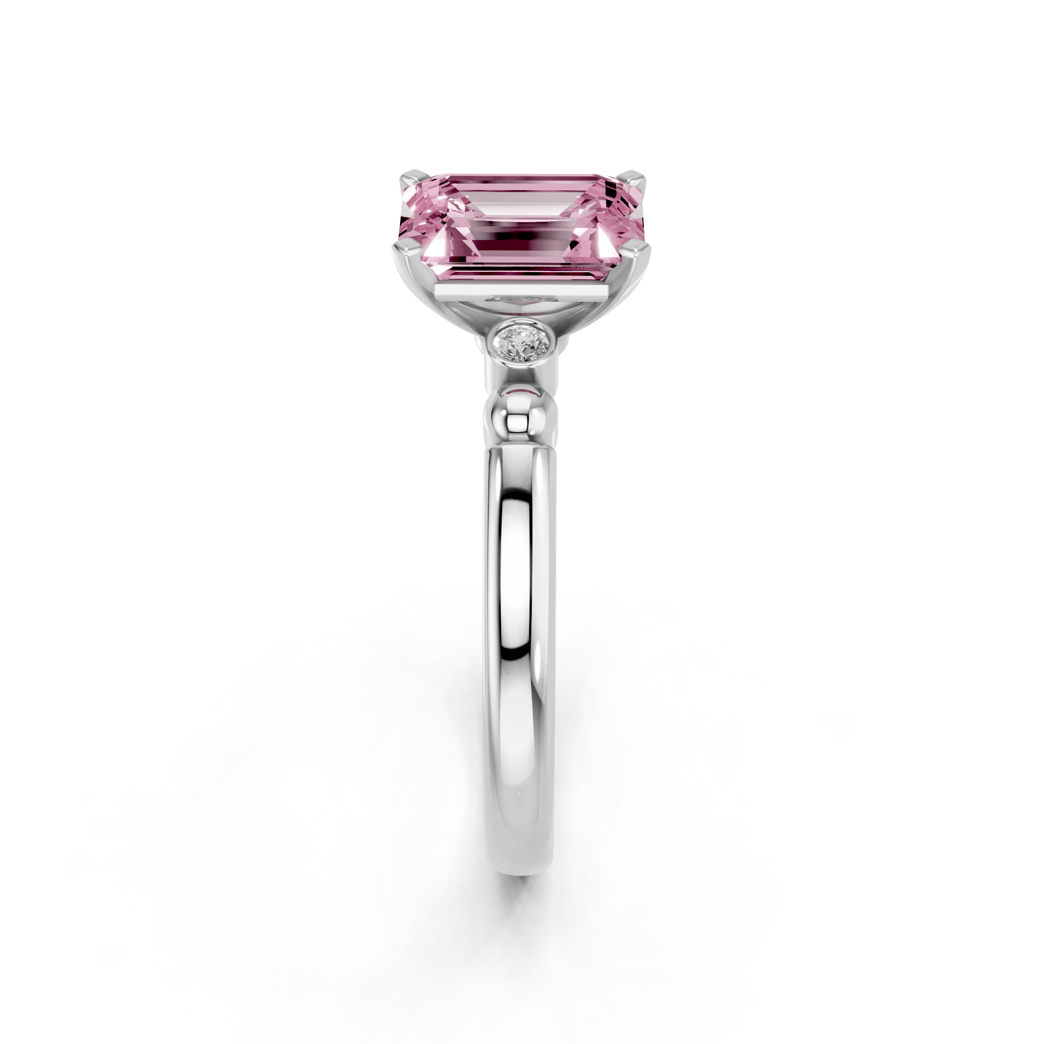 White gold Fancy Pink Emerald  Solitaire Beaded Band with Four-Prong Setting_4