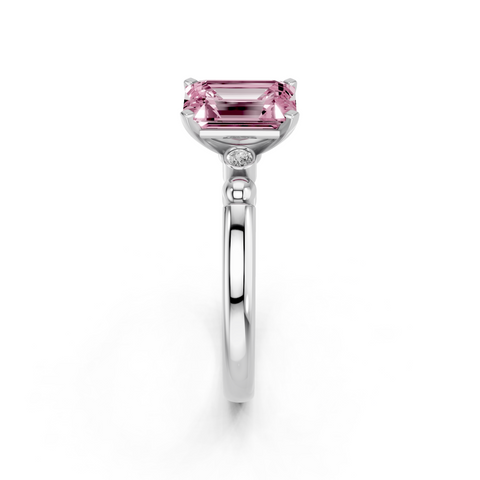 White gold Fancy Pink Emerald  Solitaire Beaded Band with Four-Prong Setting_4