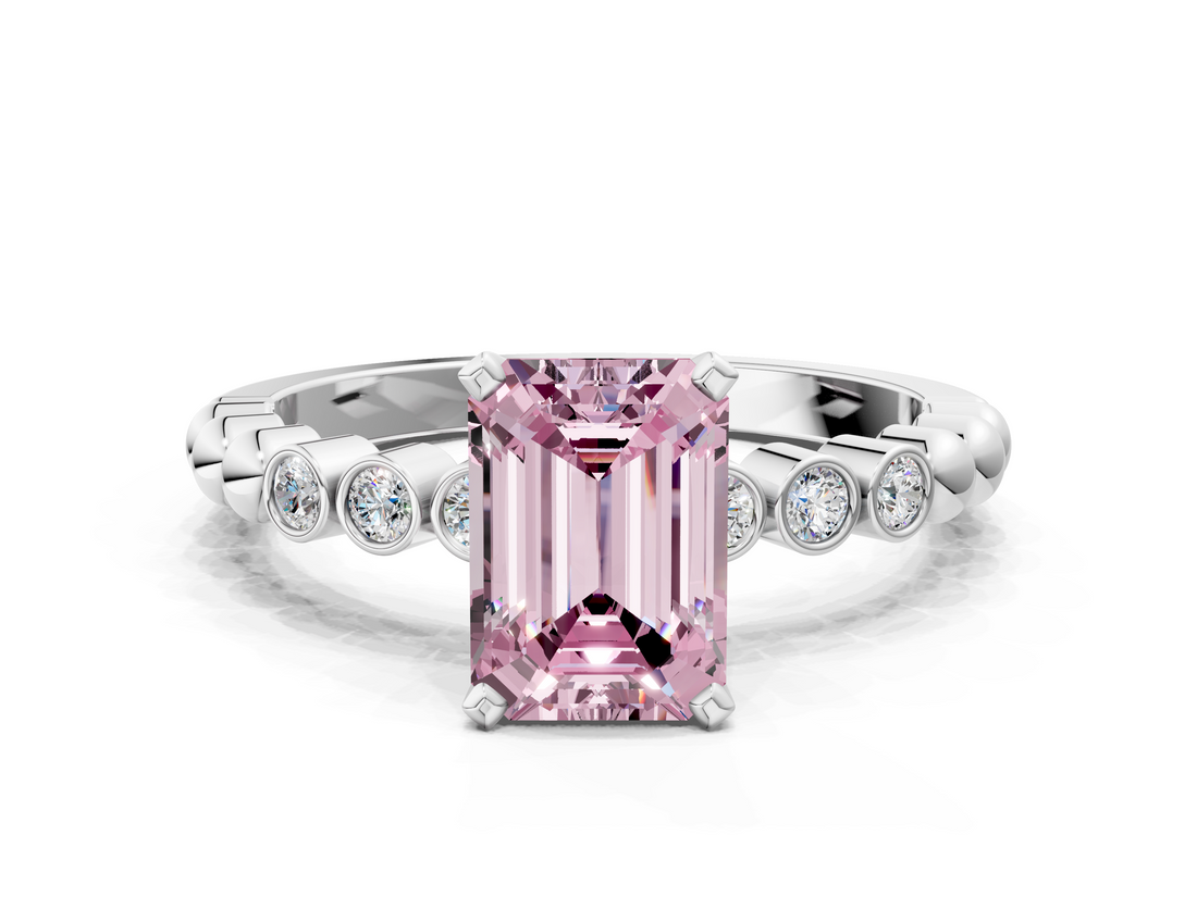 White gold Fancy Pink Emerald  Solitaire Bezel Accent Diamond Engagement Ring with Beaded Band and Four-Prong Setting_73
