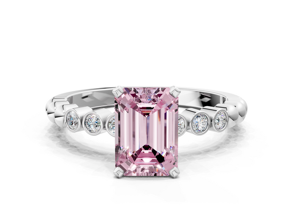 White gold Fancy Pink Emerald  Solitaire Bezel Accent Diamond Engagement Ring with Beaded Band and Four-Prong Setting