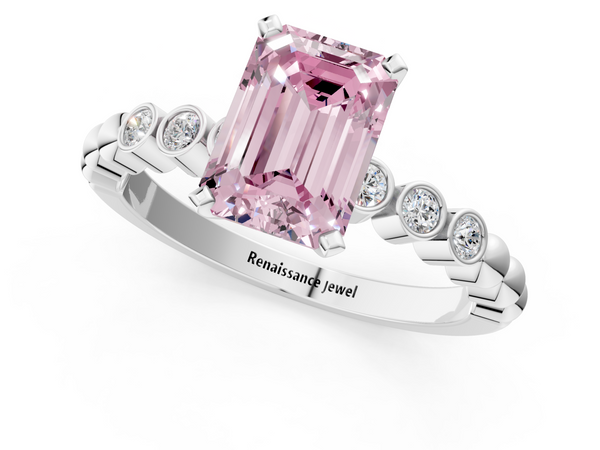 White gold Fancy Pink Emerald  Solitaire Bezel Accent Diamond Engagement Ring with Beaded Band and Four-Prong Setting