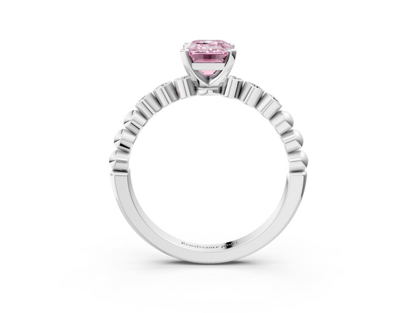 White gold Fancy Pink Emerald  Solitaire Bezel Accent Diamond Engagement Ring with Beaded Band and Four-Prong Setting