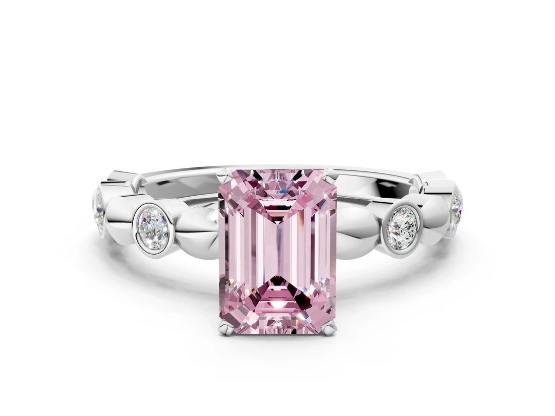 White gold Fancy Pink Emerald  Solitaire Bezel-Set Diamond Ring with Beaded Band and Four-Prong Setting_32