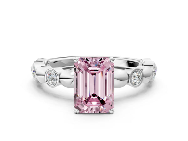 White gold Fancy Pink Emerald  Solitaire Bezel-Set Diamond Ring with Beaded Band and Four-Prong Setting