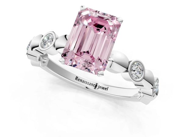 White gold Fancy Pink Emerald  Solitaire Bezel-Set Diamond Ring with Beaded Band and Four-Prong Setting