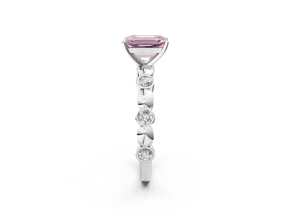 White gold Fancy Pink Emerald  Solitaire Bezel-Set Diamond Ring with Beaded Band and Four-Prong Setting