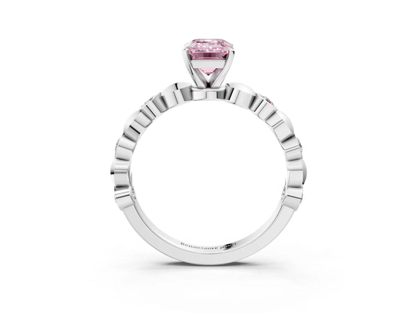 White gold Fancy Pink Emerald  Solitaire Bezel-Set Diamond Ring with Beaded Band and Four-Prong Setting