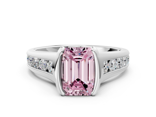 White gold Fancy Pink Emerald  Solitaire Bezel-Set Diamond Ring with Channel-Set Band