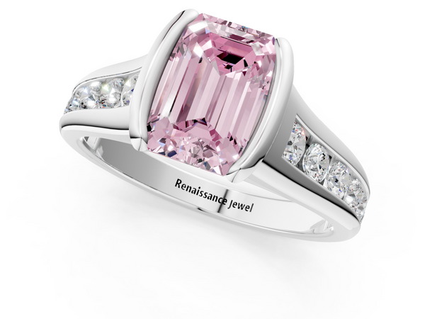 White gold Fancy Pink Emerald  Solitaire Bezel-Set Diamond Ring with Channel-Set Band