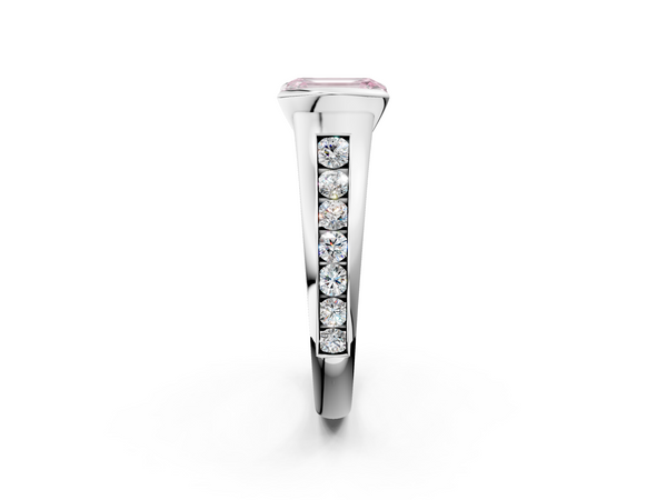White gold Fancy Pink Emerald  Solitaire Bezel-Set Diamond Ring with Channel-Set Band
