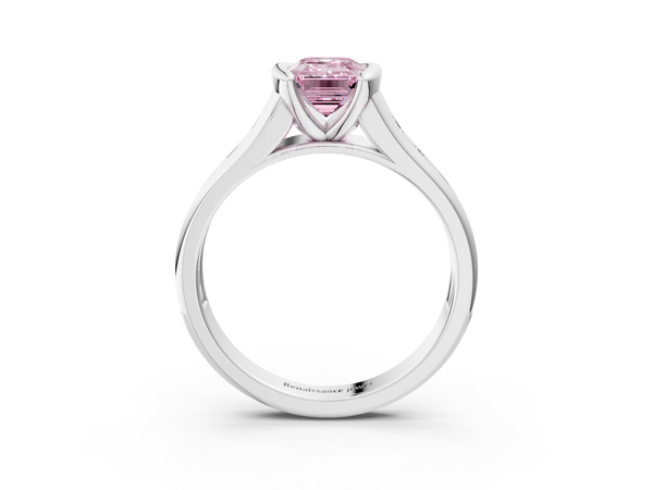 White gold Fancy Pink Emerald  Solitaire Bezel-Set Diamond Ring with Channel-Set Band