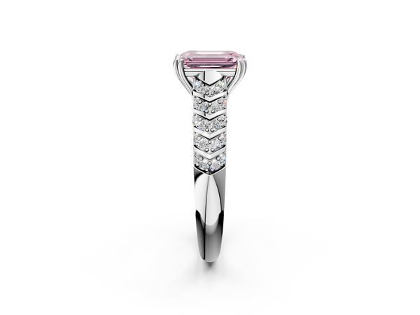 Platinum Fancy Pink Emerald  Solitaire Chevron Pave Diamond Engagement Ring with Six-Prong Setting