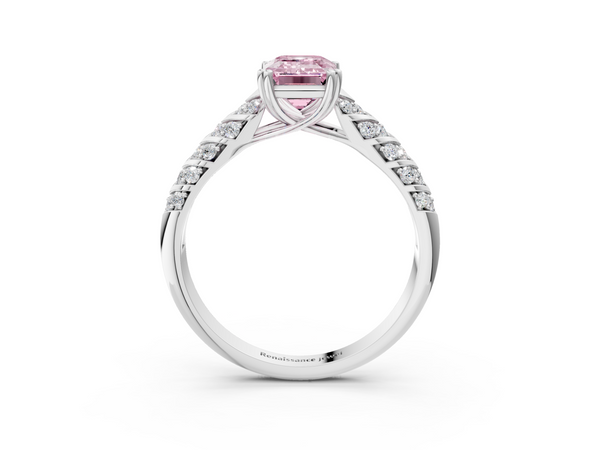 Platinum Fancy Pink Emerald  Solitaire Chevron Pave Diamond Engagement Ring with Six-Prong Setting