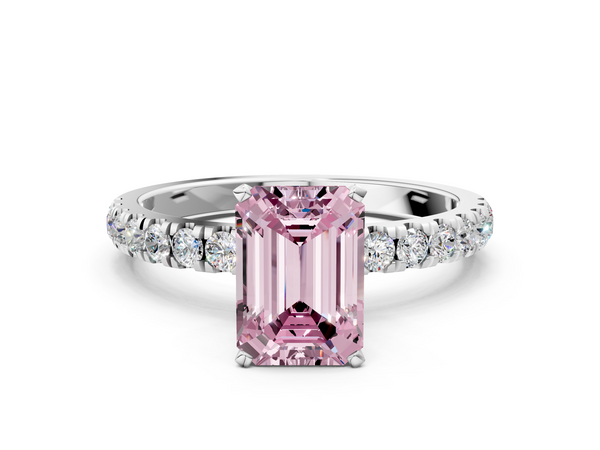 White gold Fancy Pink Emerald Cut Diamond Solitaire Ring with Pavé Accents and Four-Prong Setting