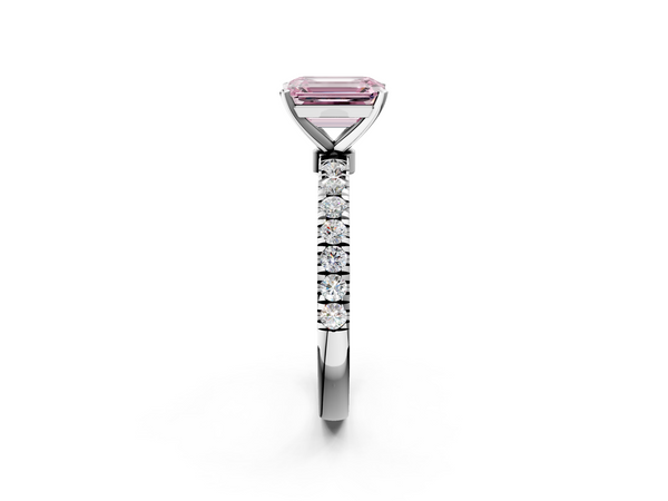 White gold Fancy Pink Emerald Cut Diamond Solitaire Ring with Pavé Accents and Four-Prong Setting