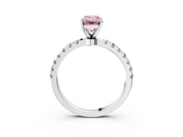 White gold Fancy Pink Emerald Cut Diamond Solitaire Ring with Pavé Accents and Four-Prong Setting