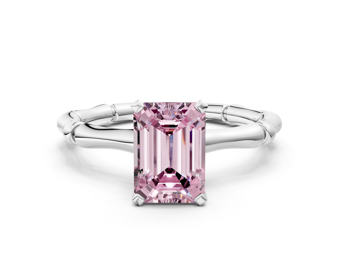 White gold Fancy Pink Emerald  Solitaire Diamond Ring with Bamboo Band and Four-Prong Setting_51