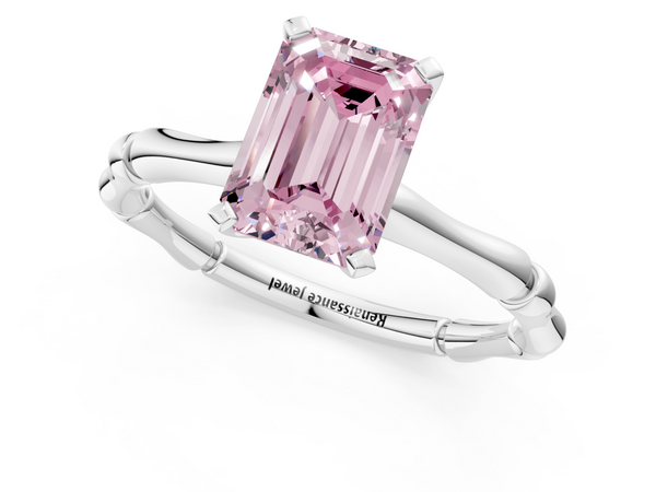 Platinum Fancy Pink Emerald  Solitaire Diamond Ring with Bamboo Band and Four-Prong Setting