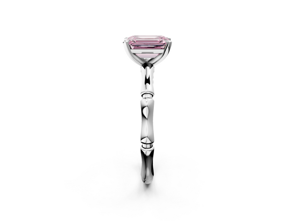 Platinum Fancy Pink Emerald  Solitaire Diamond Ring with Bamboo Band and Four-Prong Setting