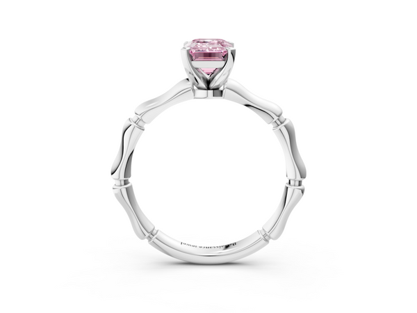 Platinum Fancy Pink Emerald  Solitaire Diamond Ring with Bamboo Band and Four-Prong Setting