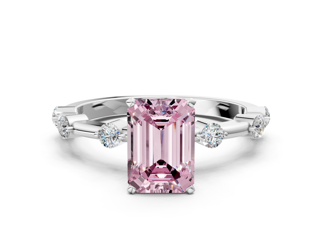 White gold Fancy Pink Emerald  Solitaire Diamond Ring with Bezel Set Side Stones and Prong Setting_3