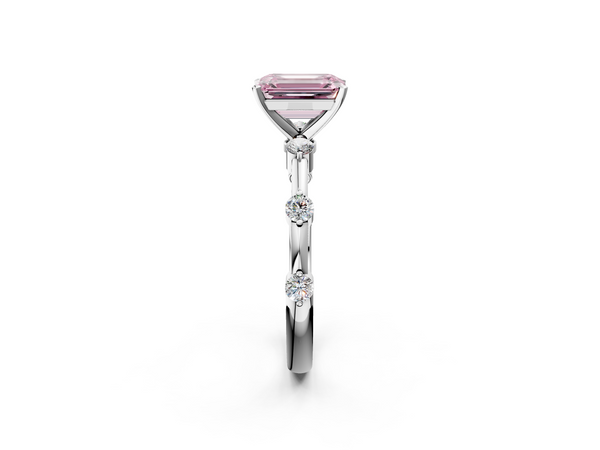 White gold Fancy Pink Emerald  Solitaire Diamond Ring with Bezel Set Side Stones and Prong Setting