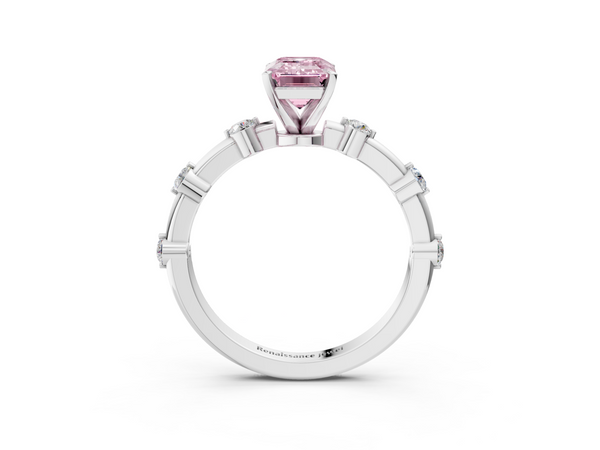 White gold Fancy Pink Emerald  Solitaire Diamond Ring with Bezel Set Side Stones and Prong Setting