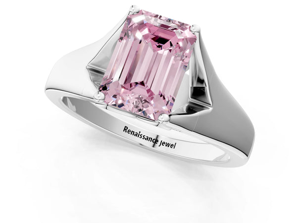 Platinum Fancy Pink Emerald  Solitaire Diamond Ring with Cathedral Band and Four-Prong Setting
