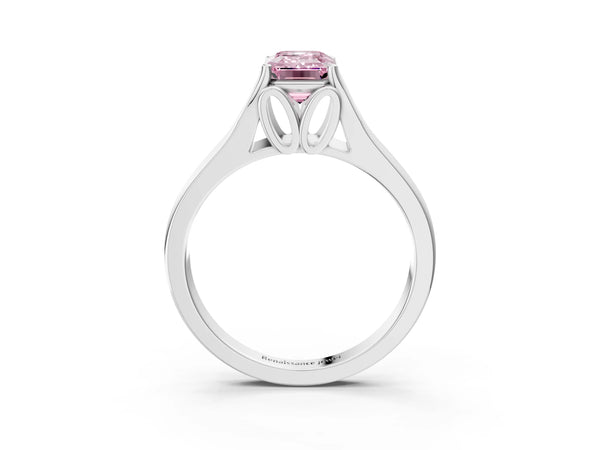 Platinum Fancy Pink Emerald  Solitaire Diamond Ring with Cathedral Band and Four-Prong Setting