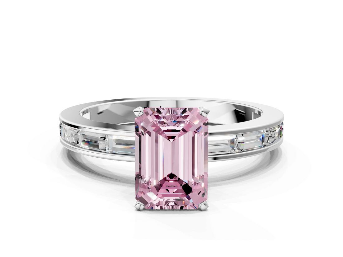 White gold Fancy Pink Emerald  Solitaire Diamond Ring with Channel-Set Baguette Band and Four-Prong Setting_121