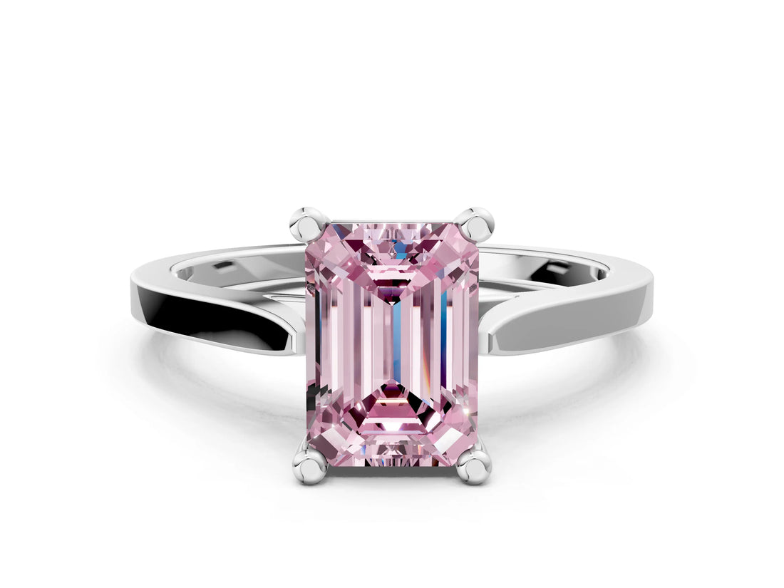 White gold Fancy Pink Emerald  Solitaire Diamond Ring with Four-Prong Setting and Tapered Band 1