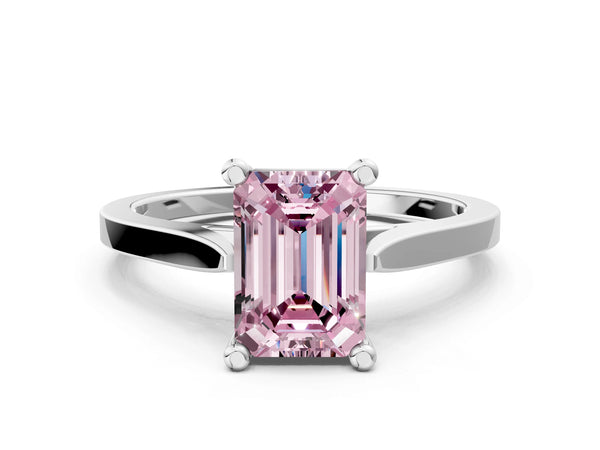 White gold Fancy Pink Emerald  Solitaire Diamond Ring with Four-Prong Setting and Tapered Band