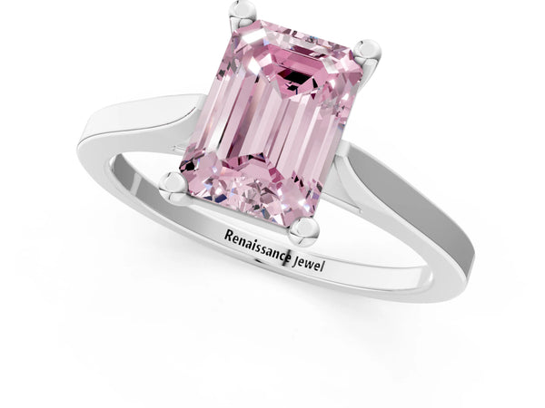 White gold Fancy Pink Emerald  Solitaire Diamond Ring with Four-Prong Setting and Tapered Band