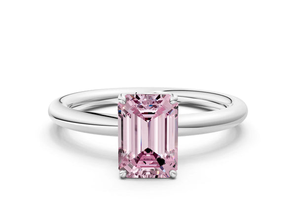 White gold Fancy Pink Emerald  Solitaire Diamond Ring with Four-Prong Setting on a Plain Band