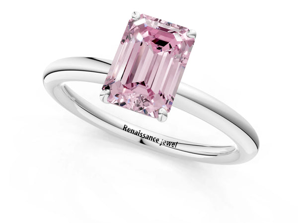 White gold Fancy Pink Emerald  Solitaire Diamond Ring with Four-Prong Setting on a Plain Band