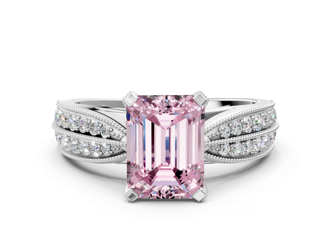 White gold Fancy Pink Emerald  Solitaire Diamond Ring with Milgrain Pavé Band and Four-Prong Setting_25