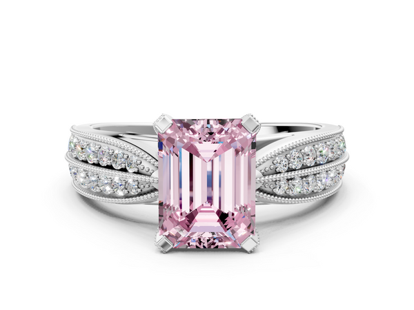 Platinum Fancy Pink Emerald  Solitaire Diamond Ring with Milgrain Pavé Band and Four-Prong Setting