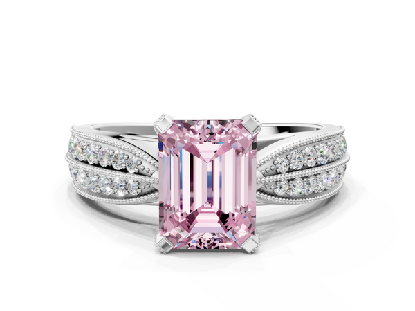 Platinum Fancy Pink Emerald  Solitaire Diamond Ring with Milgrain Pavé Band and Four-Prong Setting
