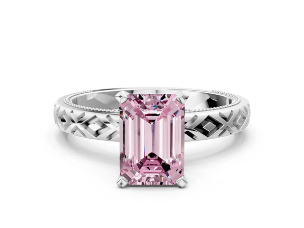 White gold Fancy Pink Emerald  Solitaire Diamond Ring with Milgrain and Black Enamel X Pattern Band