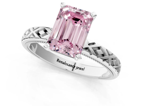 White gold Fancy Pink Emerald  Solitaire Diamond Ring with Milgrain and Black Enamel X Pattern Band