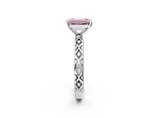 White gold Fancy Pink Emerald  Solitaire Diamond Ring with Milgrain and Black Enamel X Pattern Band