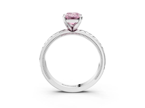 White gold Fancy Pink Emerald  Solitaire Diamond Ring with Milgrain and Black Enamel X Pattern Band