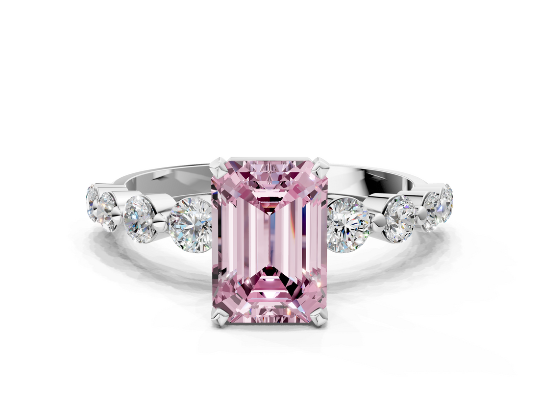 White gold Fancy Pink Emerald  Solitaire Diamond Ring with Pave Band and Four-Prong Setting_263