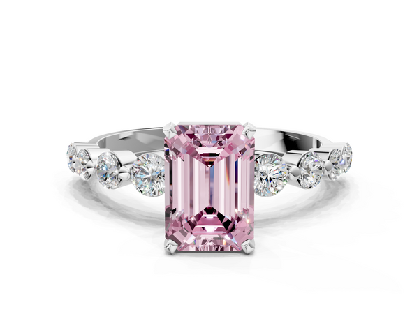Platinum Fancy Pink Emerald Cut Solitaire Diamond Ring with Pave Band and Four-Prong Setting