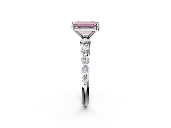 Platinum Fancy Pink Emerald Cut Solitaire Diamond Ring with Pave Band and Four-Prong Setting