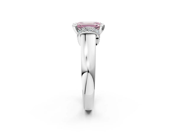 White gold Fancy Pink Emerald  Solitaire Diamond Ring with Pave Band and Six-Prong Setting