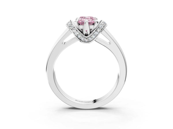White gold Fancy Pink Emerald  Solitaire Diamond Ring with Pave Band and Six-Prong Setting